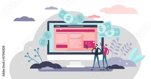 Website monetization concept, flat tiny persons illustration with two online e-commerce marketers analyzing blog content and generating income with ad placements and sponsor partnerships.