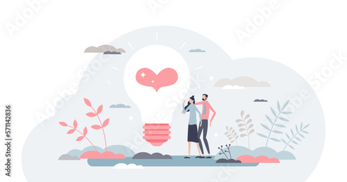 Well-being as positive mindset and partner happiness state tiny persons concept, transparent background. Calm relationships with harmony, balance and esteem illustration.