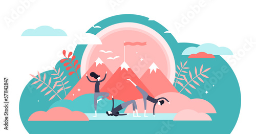 Yoga illustration, transparent background. Flat tiny healthy harmony exercise person concept. Balance and strength activity for good shape and inner peace. Beauty recreation or workout training. © VectorMine