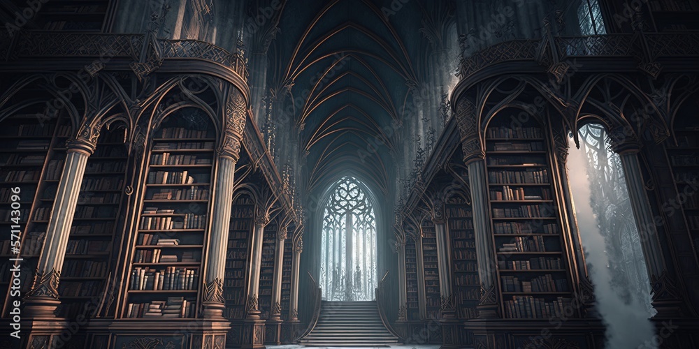 Beautiful Fantasy Gothic library. Digital illustration. Concept art. Fantasy scenery. Generative AI
