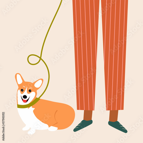 Person with a cute dog. Happy pet owner. Adorable Welsh Corgi. Flat vector illustration.