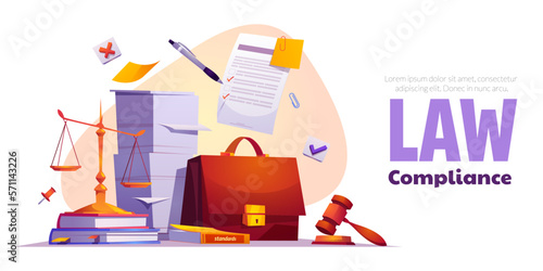Law compliance, company policies and rules. Legal regulatory guidelines banner with paper documents stacks, books, balance and judicial hammer, vector cartoon illustration