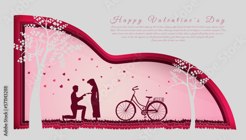Lovely couple design in soft pink background with bicycle.Paper art style