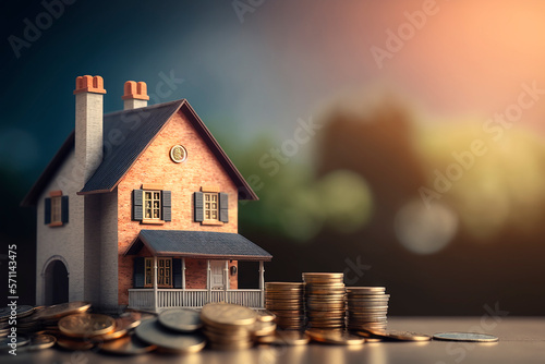 house model and money coins for concept saving money, concept of expensive living, expensive future, generative ai