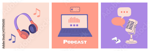 Podcast or broadcast concept. Laptop, headphones, microphone, recording and listening equipment. Hand drawn vector illustration isolated on color background. Flat cartoon style.