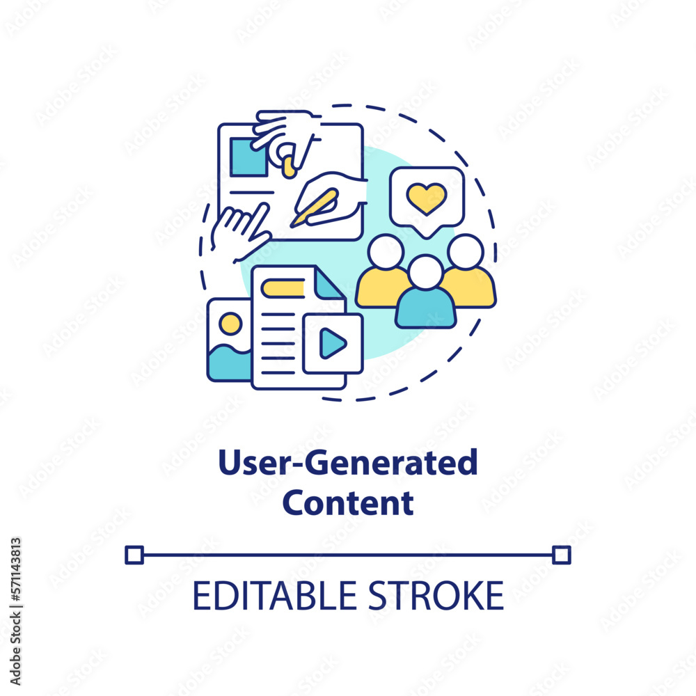 User generated content concept icon. Ads creative. Social media advertising tip abstract idea thin line illustration. Isolated outline drawing. Editable stroke. Arial, Myriad Pro-Bold fonts used