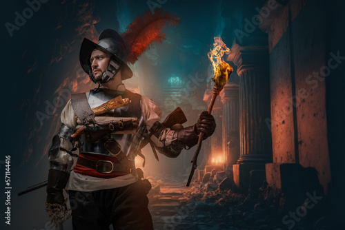 Portrait of ancient conquistador holding burning torch in dark dungeon. © Fxquadro