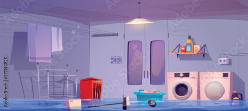Flooded laundry room. Basement floor of house wet by accident. Cartoon vector background with entrance to damage storeroom with basket, detergent, furniture and dryer. Need to repair washing machine.