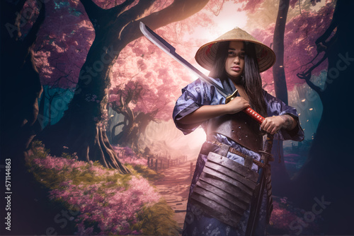 Art of female samurai with kimono and katana in forest with blooming sakura.