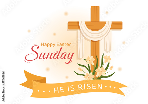 Happy Easter Sunday Day Illustration with Jesus, He is Risen and Celebration of Resurrection for Web Banner or Landing Page in Hand Drawn Templates