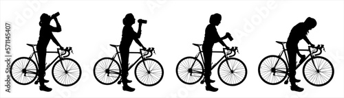 Girl with a bicycle in her hands. The woman stopped to drink water from a bottle. Quench thirst. A group of cyclists. Ride a bicycle. Side view. Four black female silhouettes isolated on white