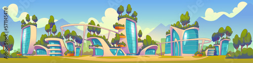 Green energy sustainable eco city banner concept. Smart building technology on future with plant on roof. Urban futuristic cartoon background. Forest on skyscrapper as alternative electricity source.