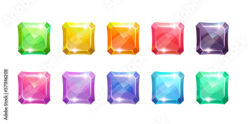 Set of colorful square crystal buttons for games