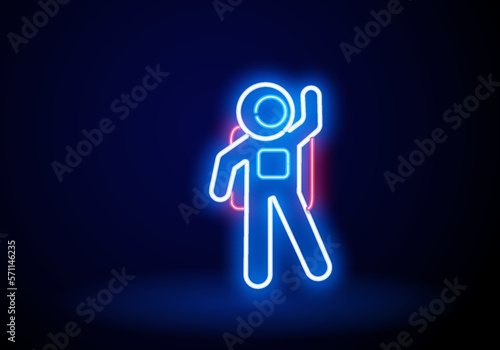 Glowing neon spaceman sign, cosmonaut pictogram. Cosmic neon sign, bright signboard, light banner. Space and Cosmonaut logo, emblem