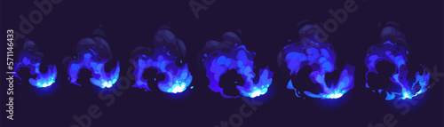 Explosion fire animation set on black background. Vector cartoon illustration of flame burning with cloud of smoke. Bomb blast, hit, war attack, accident crash, manmade disaster effect. Sprite sheet