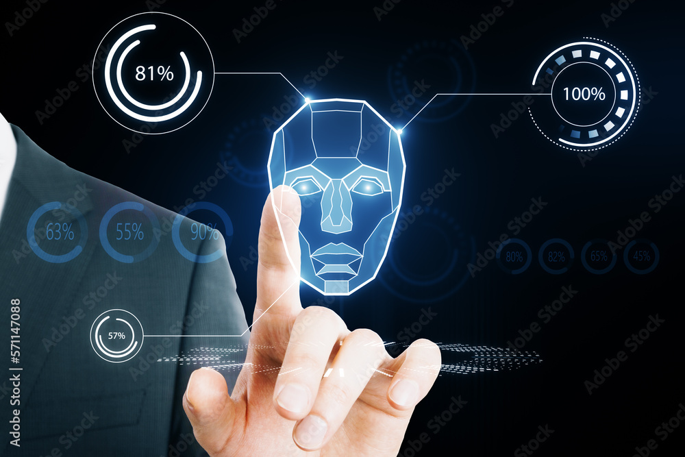 Obraz premium AI system in hologram human head with HUD display elements. Artificial Intelligence for VR with tech shapes HUD. Biometric technology, face recognition systems. Businessman hand pointing at screen.