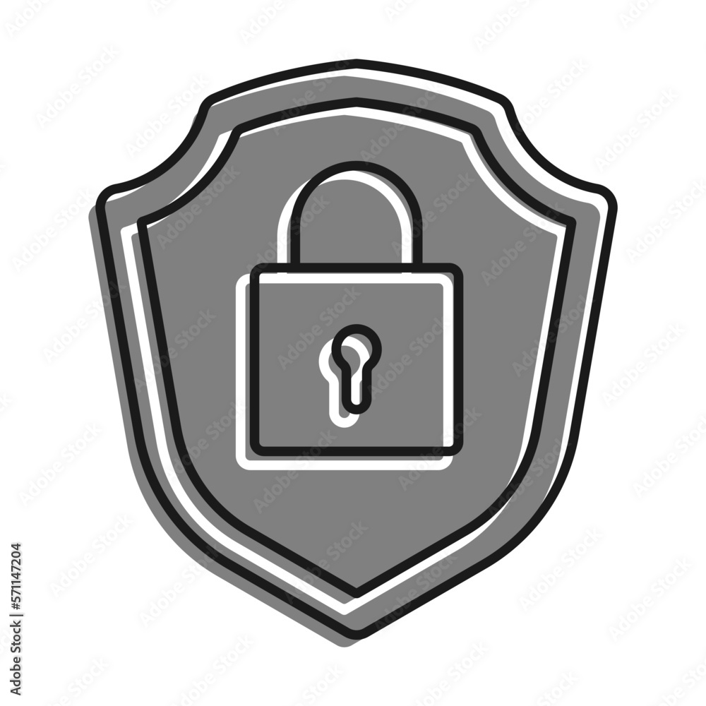 Linear filled with gray color icon. Locked Padlock On Background Of Shield. Reliable Secure Storage Of Information And Property. Simple black and white vector Isolated On White Backgrou Linear filled with gray color icon. Locked Padlock On Background Of Shield. Reliable Secure Storage Of Information And Property. Simple black and white vector Isolated On White Backgrou