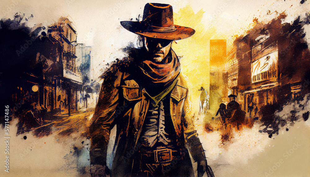 Portrait of cowboy in wild west town. Digital art, painting, Generative
