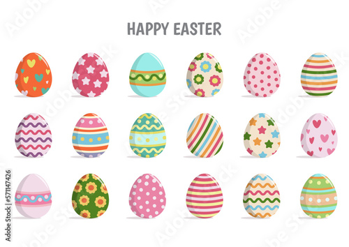 Happy Easter with set of Easter eggs with different texture on a white background. Spring holiday. Vector Illustration