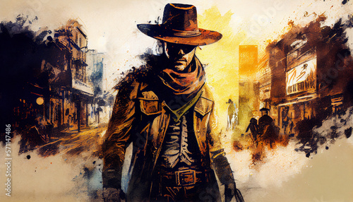 Portrait of cowboy in wild west town. Digital art, painting, Generative AI