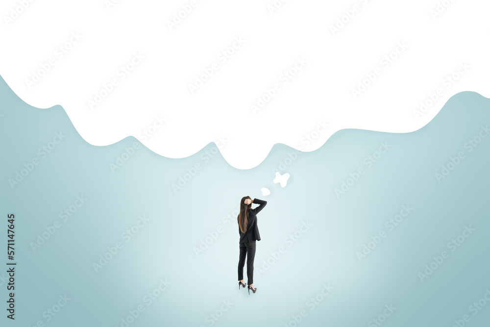 Making decision and right choice concept with pensive woman looking up at blank white speech bubble with place for advertising poster or text in form of cloud on blue abstract background, mockup Making decision and right choice concept with pensive woman looking up at blank white speech bubble with place for advertising poster or text in form of cloud on blue abstract background, mockup