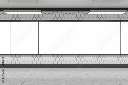 Front view on blank white posters with place for your logo or text on light wall background in abstract hall with concrete floor. 3D rendering, mockup © Who is Danny