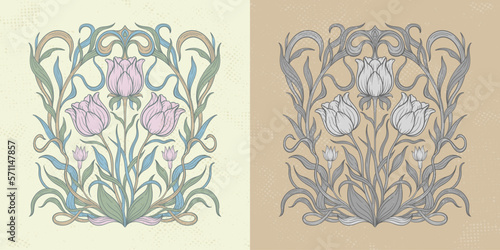 Frame with a tulip in the style of Art Nouveau. Beautiful tulip modern vintage floral composition 1920-1930 years.