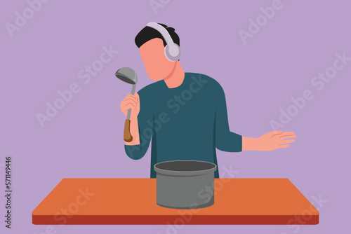 Cartoon flat style drawing young husband begin prepare family dinner while singing like rock star with kitchenware and overjoyed music playlist. Fun cooking concept. Graphic design vector illustration