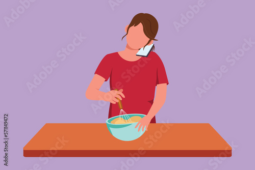 Cartoon flat style drawing cute woman talks on smartphone while preparing dinner while standing in kitchen and knead cake dough using manual hand mixer. Fun cooking. Graphic design vector illustration