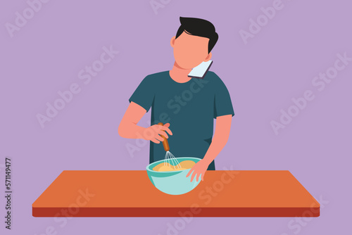 Character flat drawing man talks on smartphone while preparing dinner while standing in kitchen and knead cake dough using manual hand mixer. Young husband cooking. Cartoon design vector illustration