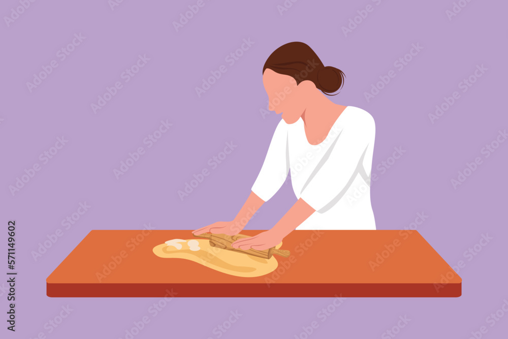 Graphic flat design drawing cute woman making cookie dough using rolling pin at kitchen table. Happy wife making bakery and homemade pizza for family dinner at home. Cartoon style vector illustration Graphic flat design drawing cute woman making cookie dough using rolling pin at kitchen table. Happy wife making bakery and homemade pizza for family dinner at home. Cartoon style vector illustration