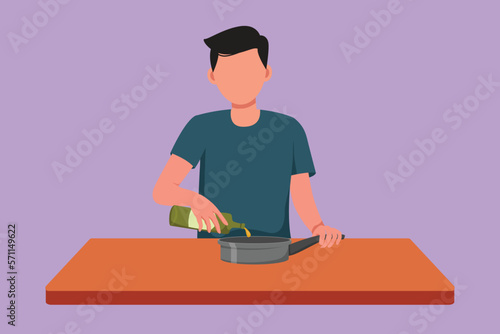 Cartoon flat style drawing happy husband pouring cooking oil from bottle into frying pan on stove. Prepare food at cozy kitchen. Young man love cooking meal at home. Graphic design vector illustration