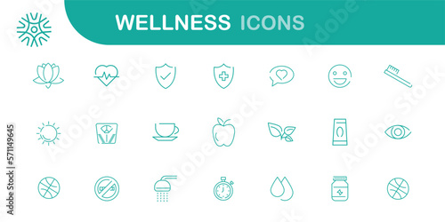 Wellness icon set. Containing massage, yoga, spa, relaxation, health, exercise, diet, wellbeing, meditation, aromatherapy and more. Solid icon collection. Line with editable stroke photo