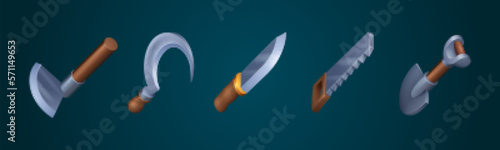 Cartoon set of farming game tools isolated on background. Vector illustration of medieval sharp iron hoe, sickle, knife, saw and shovel with wooden handles. Cutting, harvesting and digging instruments