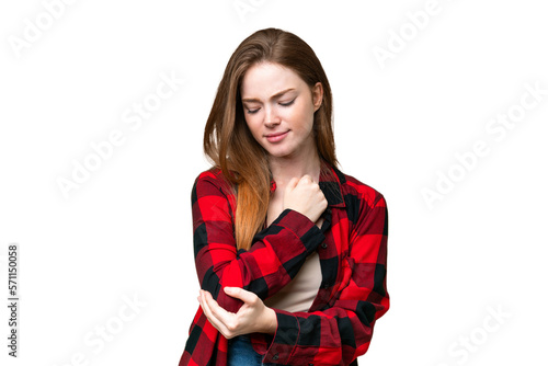 Young pretty woman over isolated chroma key background with pain in elbow