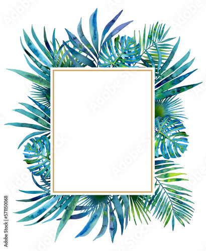 Background with watercolor tropical leaves. Backdrop decorated of foliage of exotic plants. Invitation card. Natural border. Botanical Hand drawn illustration isolated.	