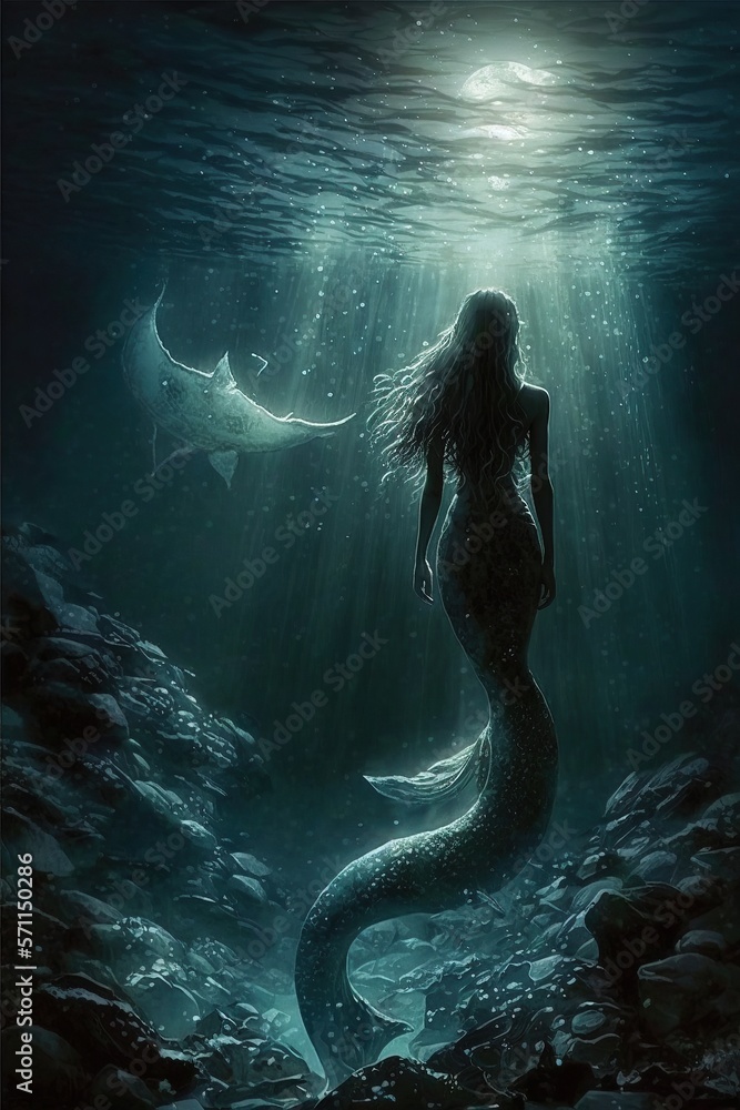 underwater fantasy world beautiful mermaid with tail in ocean created by  generative AI Stock Illustration
