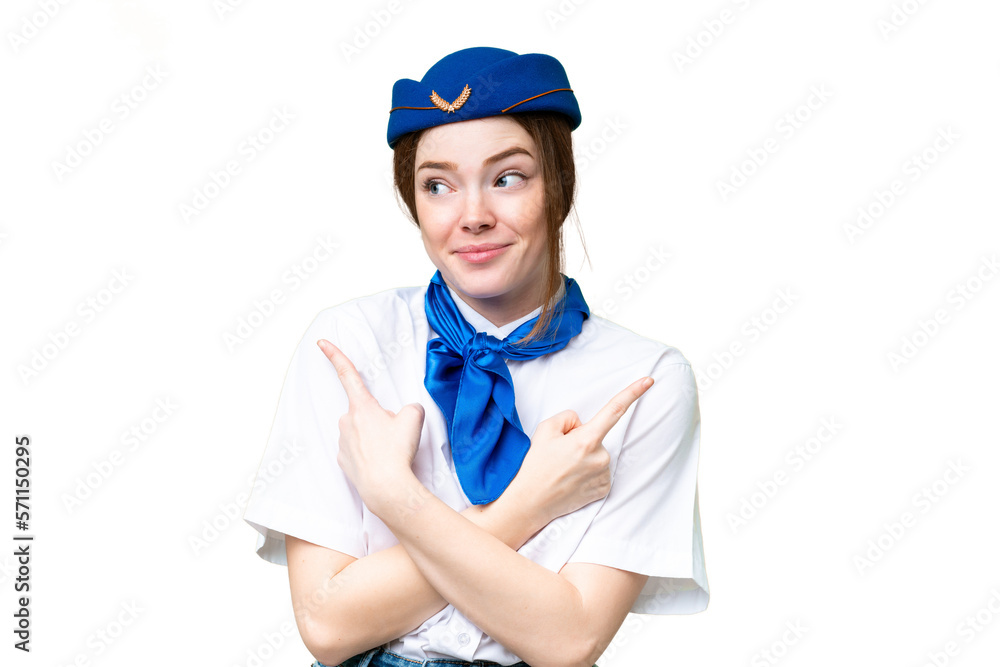 Airplane stewardess over isolated chroma key background pointing to the laterals having doubts Airplane stewardess over isolated chroma key background pointing to the laterals having doubts