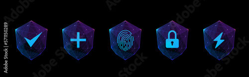 3d Insurance and assurance icon set. Neon insurance signs on security shield. Protect futuristic concept. Technology vector illustration. Blue purple digital polygonal knight shields.