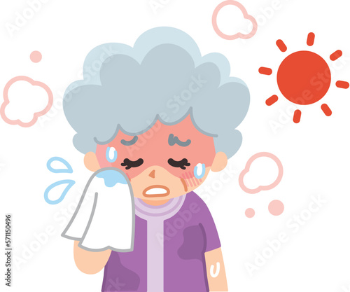 熱中症　日射病　暑さに耐えるシニア女性