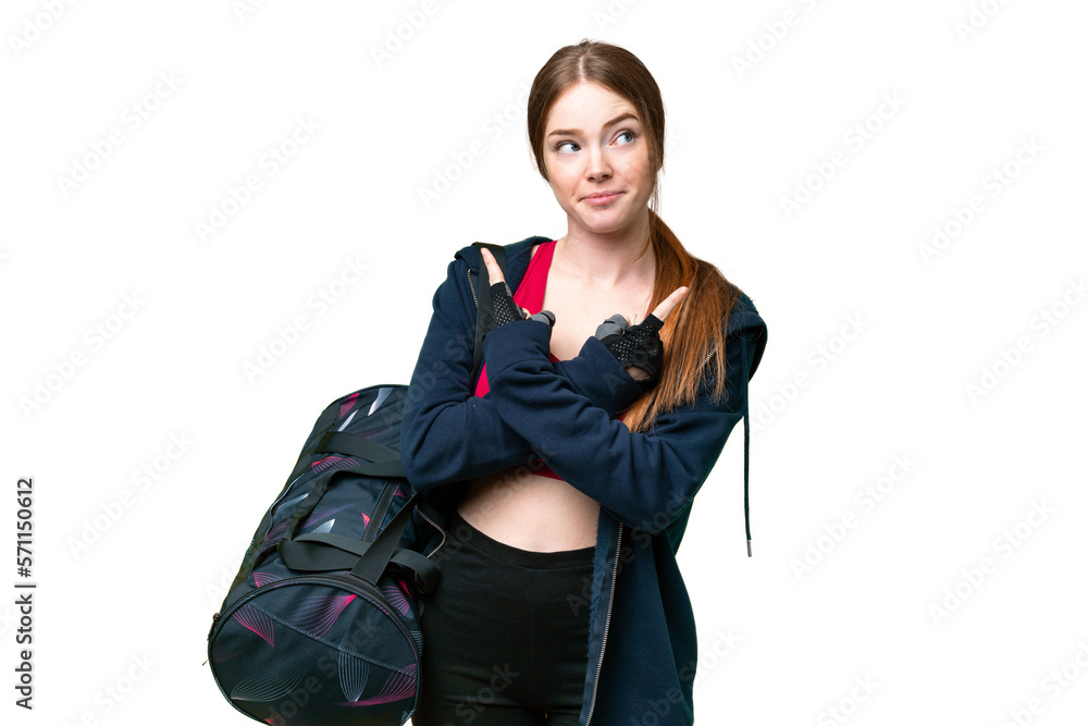 Young sport woman with sport bag over isolated chroma key background pointing to the laterals having doubts Young sport woman with sport bag over isolated chroma key background pointing to the laterals having doubts