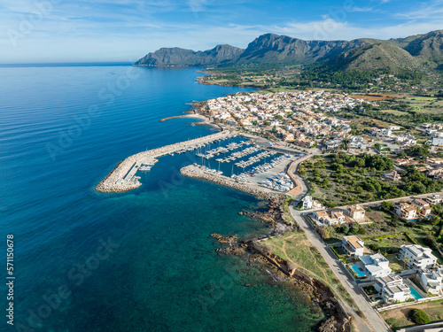 Spain, Balearic Islands, Colonia de Sant Pere, Aerial view of coastal town at northeast coast of Majorca photo