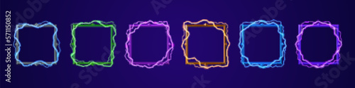 Ui square border for profile avatar in game with electricity lightning effect. Neon thunderbolt frame set vector isolated. Different fantasy interface elements for user. Winner design.