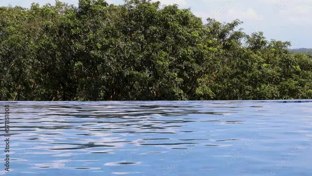 Infinity swimming pool with summer nature tree background bright sky day time. Loop footage video. Infinity swimming pool with summer nature tree background bright sky day time. Loop footage video.