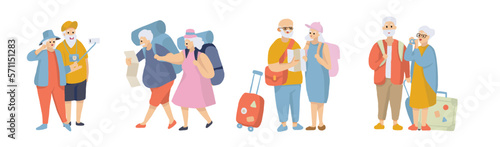 elderly 's  couple tourist, senior traveler, enjoy retire life with luggage camera and handbag. isolated Vector illustration on white background