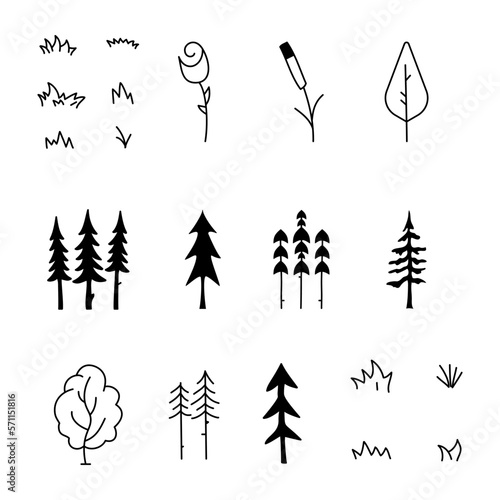 Simple and minimalist tree icons collection. Line art silhouette trees. Stock vector elements set