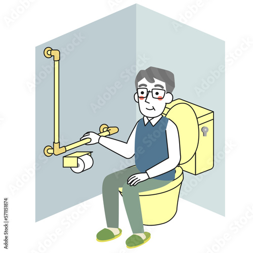 手すりのついたトイレに座るシニア男性