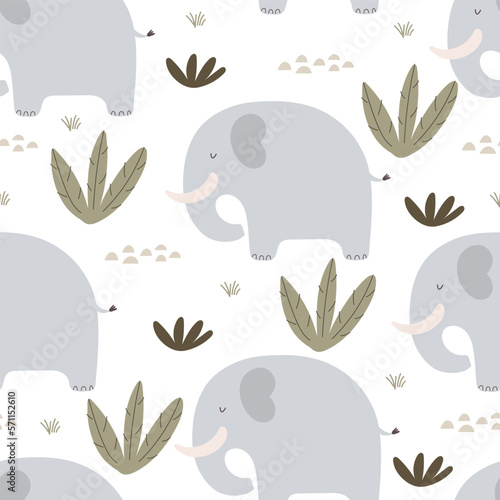 Seamless pattern with elephant, decor elements. colorful vector for kids. hand drawing, flat style. baby design for fabric, print, textile, wrapper