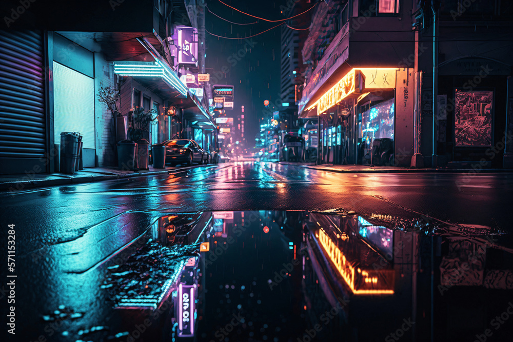 Cyberpunk street in a city. Lofi epic cityscape. Designed using