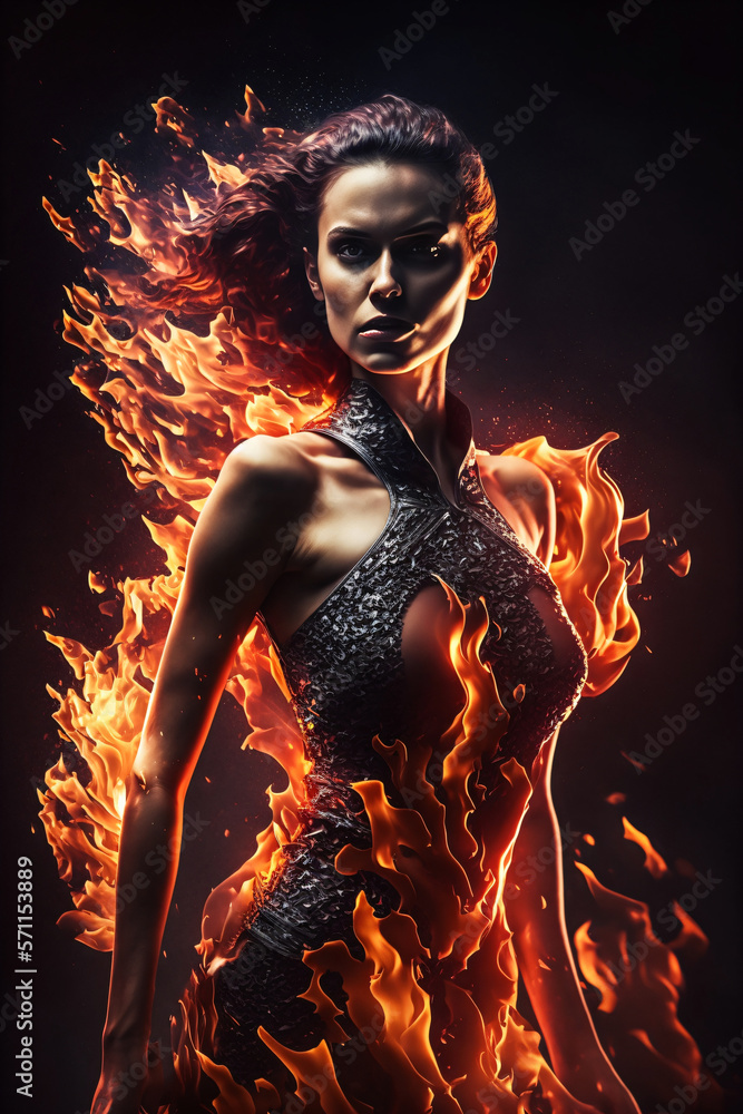 Woman wearing dress made of magma and fire. Designed using generative ai. Woman wearing dress made of magma and fire. Designed using generative ai.